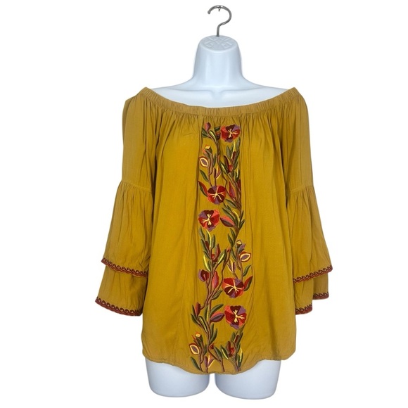 Solitaire size Medium Embroidered Floral Yellow Bell Sleeve Top Boho Chic Hippie - Picture 12 of 12